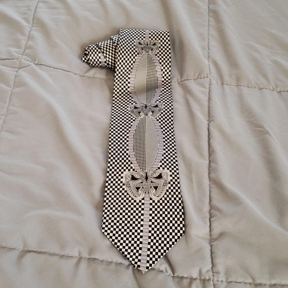 Henri Picard Silk  Black & White Geometrical Tie
